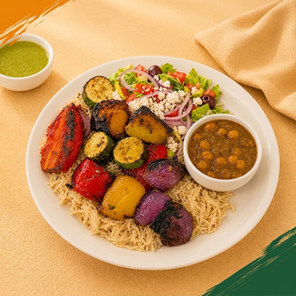 A plate of grilled vegetables, rice, salad with feta, and a side of chickpeas.