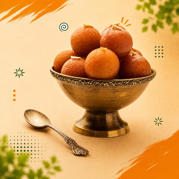 A brass bowl filled with gulab jamun, garnished with slivered almonds, next to a decorative spoon.