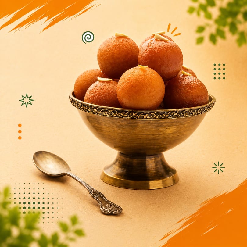 A brass bowl filled with gulab jamun, garnished with slivered almonds, next to a decorative spoon.