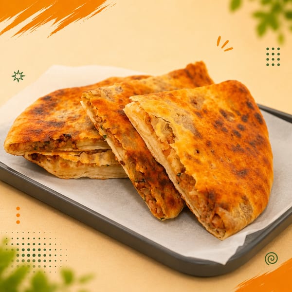 Three golden-brown, savory pastries with a rich, meaty filling, served on a dark tray.